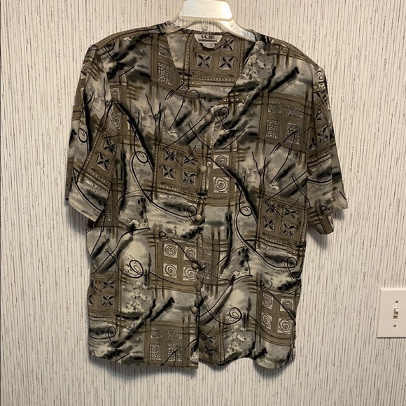 Voir Medium Women Blouse Elegant Abstract Button Down Shirt in Tan and Black - Picture 1 of 6